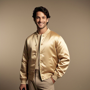 Haute qualité Satin soie Bomber veste hommes col rond boutonné 100% Nylon Satin veste hommes - Product Image 5
