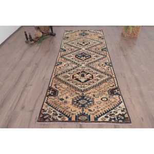 Alfombra Turca, Alfombra Vintage de 3.2x8.6 pies, Alfombra Marroquí de Lana Azul Marrón - Product Image 1