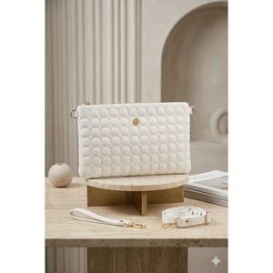 White Quilted Patterned Shoulder Clutch Bag Synthetic <b>Leather</b> Product - Product Image 1