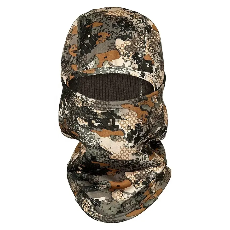 Fabricante personalizado unisex fino em todo o lado impressão camo rosto cheio um buraco logotipo camo balaclava caça personalizada