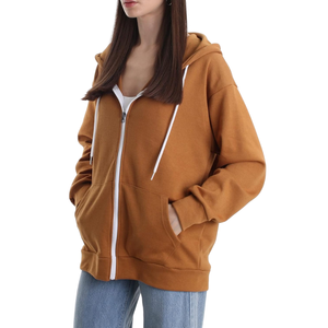 <b>Brown</b> Drop Shoulder Loose Fit Full Zipper Baggy Customized Anti Wrinkle 100% Cotton Pullover Drop Shoulder Hoodies for Woman - Product Image 3