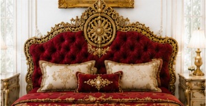 Juego de Dormitorio de Madera Maciza Tallada en Dorado y Terciopelo Rojo de Alta Gama, Diseño Maharaja, para Interiores de Lujo - Product Image 4
