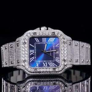 Haute qualité élégant cadran bleu automatique VVS Moissanite diamant montre chiffre romain visage carré entièrement glacé largeur de bande 20mm - Product Image 4