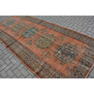 Tapis Turc Vintage 4.8x 11.8ft Orange Bleu Patchwork Design Laine Matériau Latex Style-Tabriz pour Entrée Rectangle Abstrait - Product Image 4
