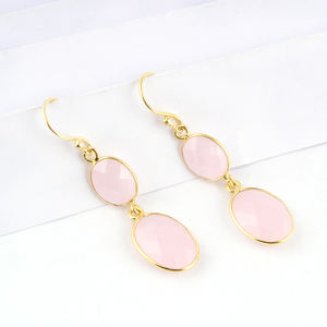 Nouveau géométrique facette ovale rose calcédoine double pierre boucles d'oreilles en laiton plaqué or crochet goutte boucles d'oreilles bijoux pour femme - Product Image 3