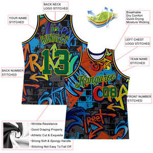 Maillot de basket respirant personnalisé 100% polyester, motif graffiti vert Kelly-or, géométrique 3D, pour adultes unisexes - Product Image 2