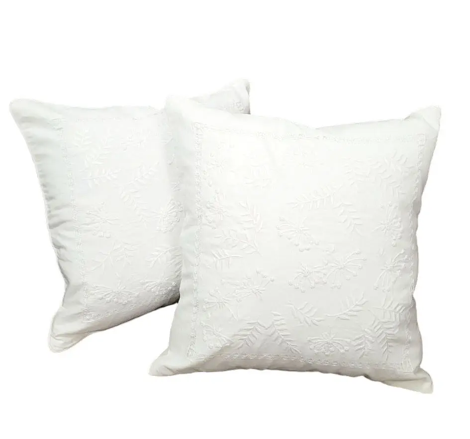 Funda de almohada de lino blanco al por mayor, funda de cojín de asiento cuadrado con hojas bordadas y flores, almohadas funcionales para el hogar y el sofá