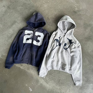 Nuevo estilo Atlético patrón impreso personalizado Casual ligeramente lavado desgastado de gran tamaño deporte Zip up Sudadera con capucha para hombres - Product Image 2