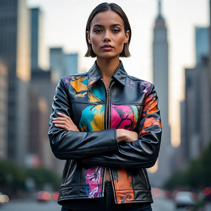 Chaquetas de motorista ajustadas por sublimación completa de cuero genuino OEM para mujer | Chaqueta de cuero de oveja con estampado de diseño personalizado para mujer - Product Image 3