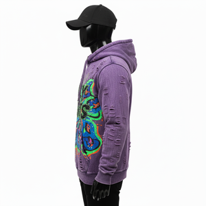 Premium cotton fleece hoodie in purple wash with distressed detailing vibrant screen print graphic and custom logo Basics Hoodie - Product Image 5