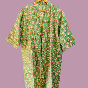 Al por mayor, bata kimono de algodón 100% verde con estampado floral, para spa y hotel, con cinturón de diseño. Pedidos al por mayor para EE. UU., Reino Unido y Australia. - Product Image 1