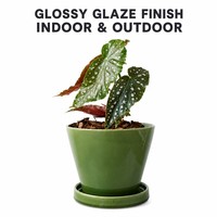 Pot de fleurs en céramique moderne avec glaçure verte brillante, avec plateau, rond, pour la maison, le jardin, la décoration de bureau
