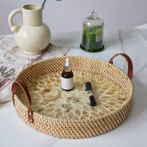 Ramadan Decoration Best Choice High Quality Luxury Mother of Pearl Inlay Tray with Rattan Leather <b>Handle</b> for Ramadan - Product Image 2