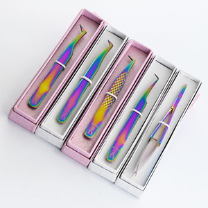Juego de pinzas para extensión de pestañas, pinzas multicolores para extensiones de pestañas, pinzas de agarre de fibra, tijeras para recortar cejas de acero inoxidable - Product Image 1