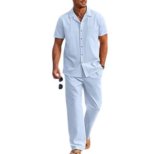Conjunto de Pantalón y Camisa Formal de 2 Piezas para Hombre, Color Azul Claro, Transpirable, Estilo Playero, con Botones, Cierre de Botones - Product Image 3
