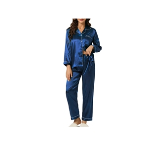 Ensemble de pyjama de salon boutonné en satin respirant pour femmes vêtements de nuit doux avec motif solide pour l'été automne printemps - Product Image 2