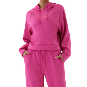 Trajes de entrenamiento de manga larga con cremallera Crop Top Sudadera con capucha y pantalones de pierna ancha Mujeres Conjunto de chándales de dos piezas personalizado para mujeres - Product Image 5