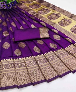 NUEVA LLEGADA LICHI SEDA ORGÁNICA BANARASI SAREE CON BLUSA SIN COSTAR ROPA DE BODA PRECIO AL POR MAYOR ROPA ÉTNICA PÚRPURA - Product Image 1
