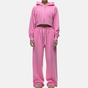 New Arrival Custom Logo Pink Crop Sweatsuits Sweatshirts Tracksuits For Women's Outdoor Breathable Highstreet Women Jogger Suit - Product Image 1