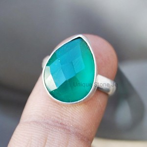 Handmade 925 Sterling <b>Silver</b> <b>Ring</b> with Natural Green Onyx Gemstone 18K Gold Diamond Bezel Setting <b>Statement</b> Jewelry for Women - Product Image 2