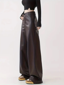 Pantalones de pierna ancha de piel sintética negra de cintura alta para Mujer | Pantalones/Pantalones de mujer informales elegantes y cómodos para mujer OEM - Product Image 3