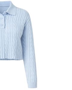 Customized Womens Light Blue Cropped <b>Cable</b> <b>Knit</b> Polo <b>Sweater</b> Long Sleeve Ribbed Hem Button Placket Casual Winter Pullover Top - Product Image 4