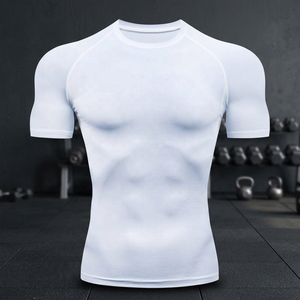T-shirt de compression blanc à manches courtes pour homme, coupe ajustée, séchage rapide, col rond, en polyester tricoté, style sportif - Product Image 3