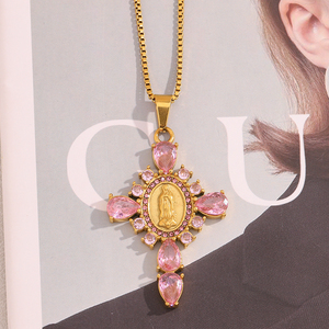 Dreamshow la Vierge <span class=keywords><strong>Marie</strong></span> Collier pendentif croix Zircon <span class=keywords><strong>rose</strong></span> <span class=keywords><strong>Bijoux</strong></span> Collier en acier inoxydable plaqué or - Product Image 4