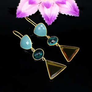 Venta al por mayor 925 plata esterlina fina Clip-on pendientes con aguamarina Calcedonia apatita citrino piedras preciosas diseño colgante - Product Image 3