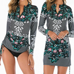 Traje de baño floral de manga larga para mujer con cremallera frontal y protección UV para playa, surf y natación - Product Image 6