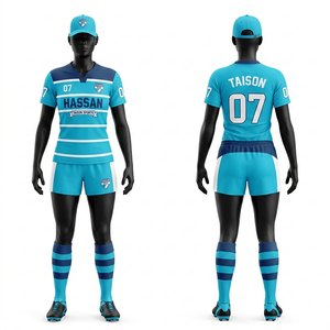Uniforme de rugby pour femmes, polyester de qualité supérieure, tissu respirant, short en jersey à rayures rose et marine, logo personnalisé par sublimation, kit d'équipe - Product Image 5