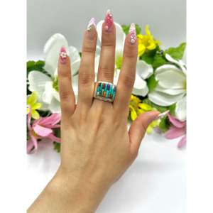 Bague en argent sterling multi-pierres faite à la main par des artisans navajo, incrustation tendance taille princesse en acier inoxydable doré, taille 12, cadeau idéal - Product Image 5