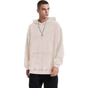 Sweat à capuche vintage unisexe lavé à l'acide 100% coton, col à capuche de détresse lourd, motif solide, poche, pull-over d'hiver pour hommes - Product Image 5