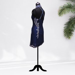 Mini vestido azul marino con cuello Halter y diseño embellecedor lateral acabado satinado fiesta Vintage Elegante ropa occidental para mujer - Product Image 3