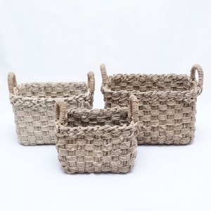 Natural Seagrass <b>Storage</b> <b>Basket</b> Set Chunky Braided Cord <b>Rectangular</b> Bin Arch Handle Tabletop Planter Pure Art Setup Room Decor - Product Image 1