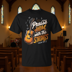 T-Shirt per Chitarristi Cristiani: Lodeggiatelo con le Corde, Ispirata al Salmo 150, per Eventi Cristiani - Product Image 3