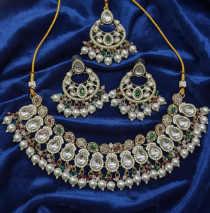 Designer Party Wear AntiquePlated Kundan Stone Jewelry Traditional Beautiful Design Simple <b>Choker</b> NecklaceSet Earring <b>For</b> <b>Women</b> - Product Image 1