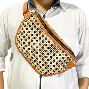 Nusantara fait à la main Willie rotin poignet sac toile doublé tissé bandoulière fourre-tout fermeture éclair plage dame plage fermeture éclair sac sangle doublure - Product Image 2