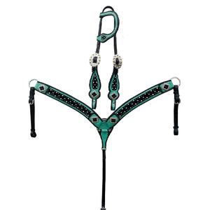 Ensemble de têtière en cuir sarcelle et collier de poitrine en cuir sarcelle de haute qualité avec cristaux à prix bon marché - Product Image 1