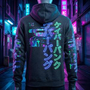 Felpa Cyberpunk Personalizzata all'Ingrosso per Uomo, Vestibilità Regolare, Stampa Grafica Neon Kanji Glitch Art, Streetwear Giapponese, 100% Cotone, Invernale - Product Image 2