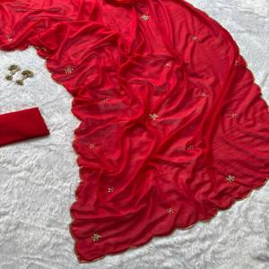 Sari VASTRA COTTAGE de georgette sintética pura con cuentas y lentejuelas, hecho a mano, con blusa sin coser a juego, sari para fiesta. - Product Image 1