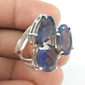 Pierre précieuse naturelle Iolite Bague ethnique à trois pierres en argent sterling 925 Conception de commande personnalisée Fabricant de bijoux Exportateur indien - Product Image 3