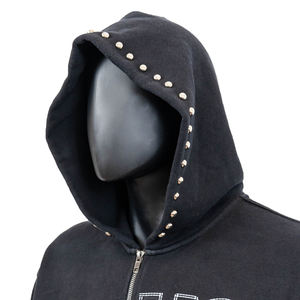 Sweat à capuche zippé Sportish Impex en métal avec rivets, logo brodé personnalisé en strass, tissu French Terry délavé à l'acide et effet décoloré par le soleil - Product Image 5