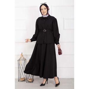 Conjunto de Dos Piezas con Cinturón Negro, Blazer Corto y Falda de Crepé para Oficina, Atuendos Formales Modernos - Product Image 4