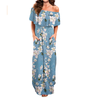 Robe longue d'été décontractée pour femme, à épaules dénudées, en tissu tissé, avec volants et poches, idéale pour la plage