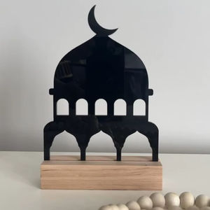 Silhouette de mosquée de table en acrylique et bois, décoration du Ramadan et de l'Aïd, ornement de bureau islamique, centre de table pour la maison et le bureau, noir - Product Image 1