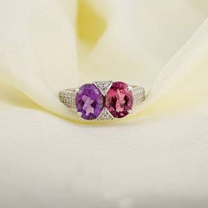 Bague en argent sterling 925 minimaliste avec améthyste naturelle solide et tourmaline, pierre précieuse colorée, bande d'éternité - Product Image 1