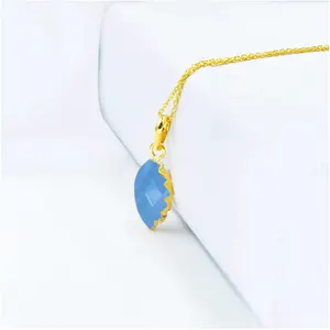 925 Sterling Silver Blue Lace Agate Gemstone Leaf Shape Gold Vermeil Cable Chain Pendant Necklace Carving Gemstone Pendant