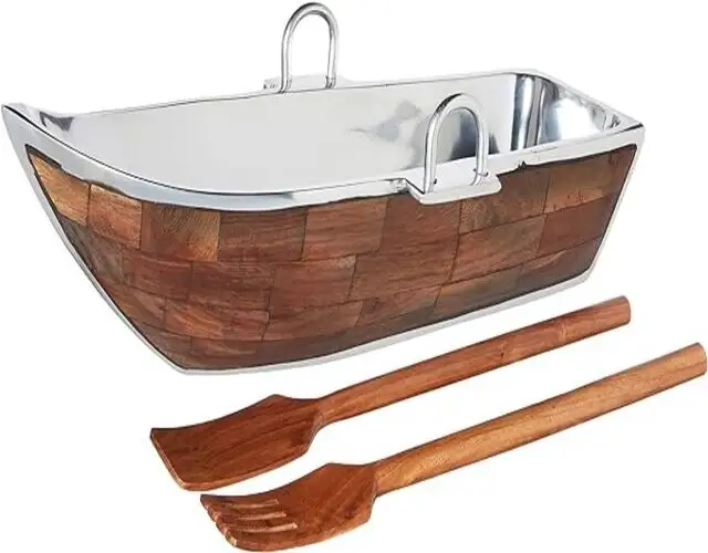 Wholesale Wood Lined Boat Bowl with Salad Server Silver handmade Indian wooden serving bowl