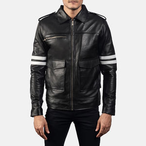 Men's Genuine Cowhide <b>Leather</b> Moto <b>Jacket</b> Turn-down Collar Zipper Closure Reflective Stripes Regular Fit Biker Style Autumn Wear - Product Image 1